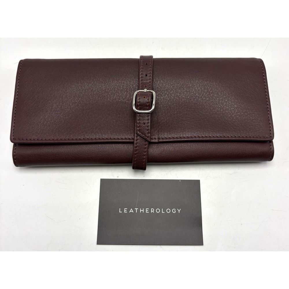 Leatherology Travel Jewelry Roll  Tan Leather Burgundy 8.5" x 3.5" x 1"